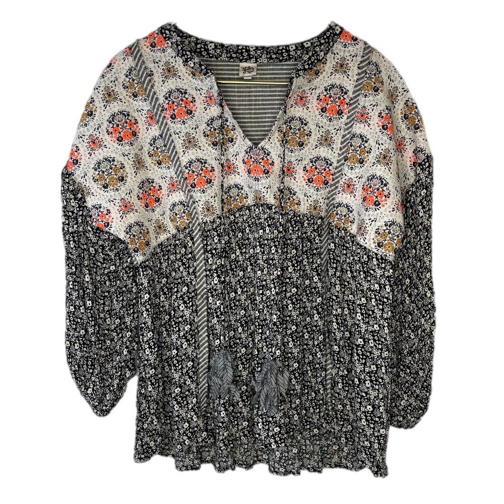 Ivy Jane Size Med Top Oversized V Tie Neck Floral Bell Sleeve Peasant USA MADE M